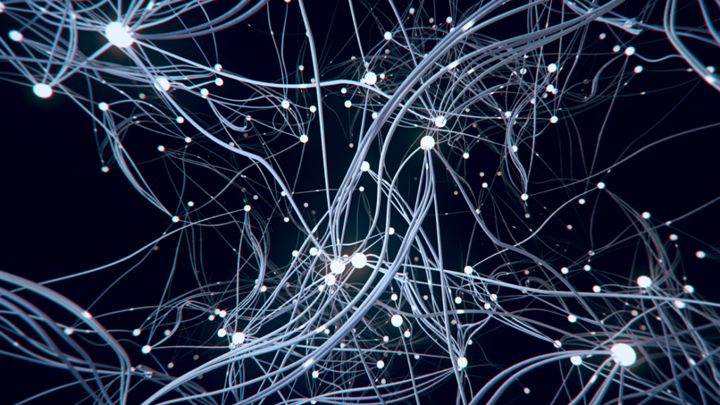 Complex technical network of lines connecting at nodes.